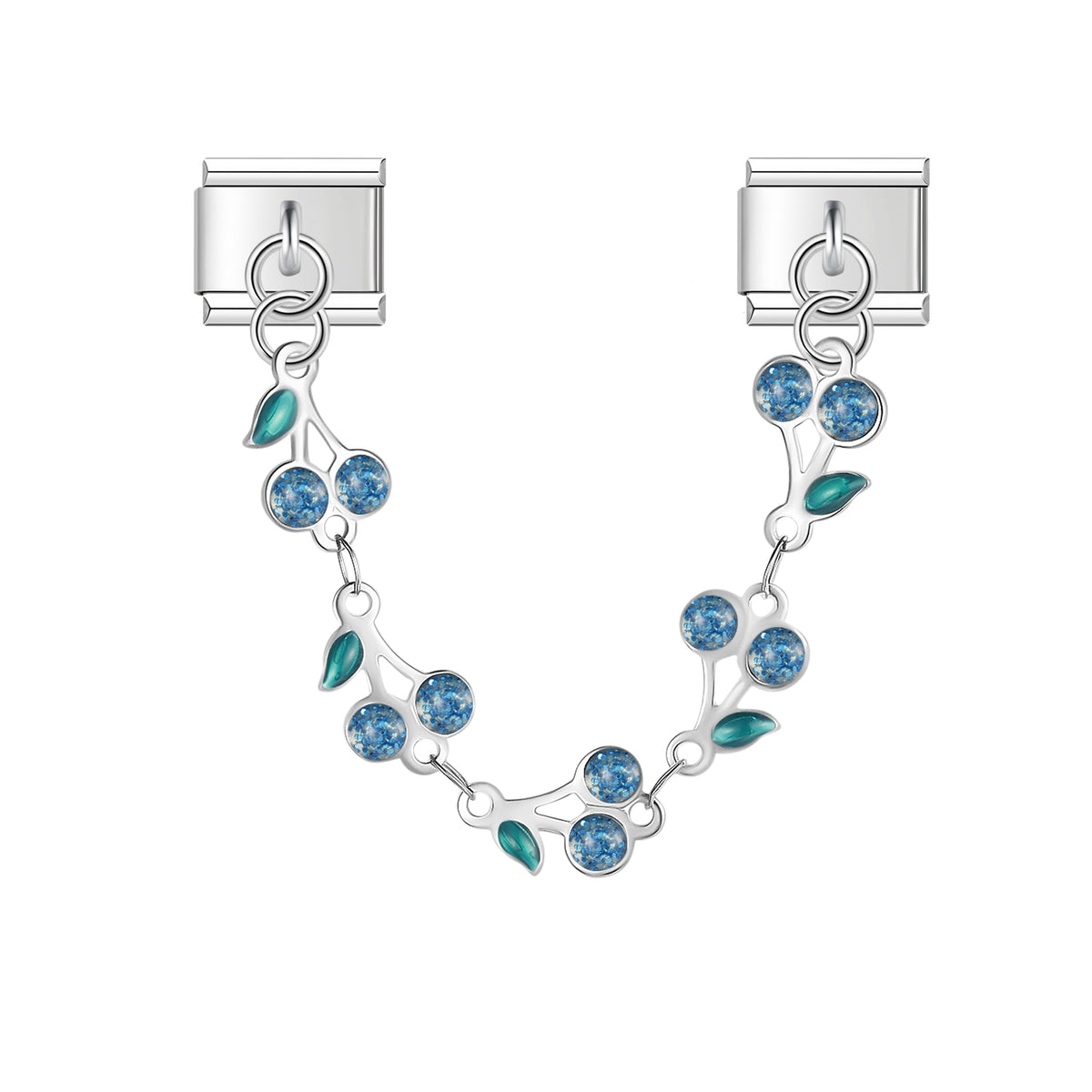Silver leaf and blue crystal flower safety chain — Italian charm bracelet, by Charmtastic
