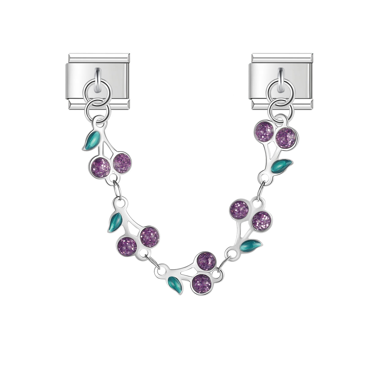 Silver leaf and purple crystal flower safety chain — Italian charm bracelet, by Charmtastic