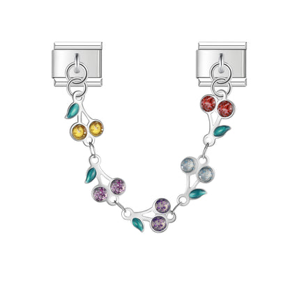 Leaf and crystal flower safety chain close-up — 9mm Italian charm, by Charmtastic