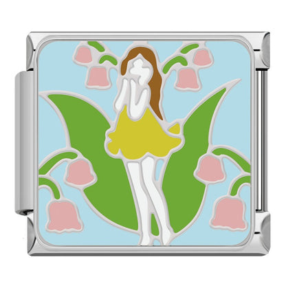 Cute Flower Fairy Dragonfly Cicada Snail Italian Charms – second view of fairy girl in yellow dress with lily-of-the-valley pink flowers and green leaves enamel charm, Italian charm bracelet charm by Charmtastic