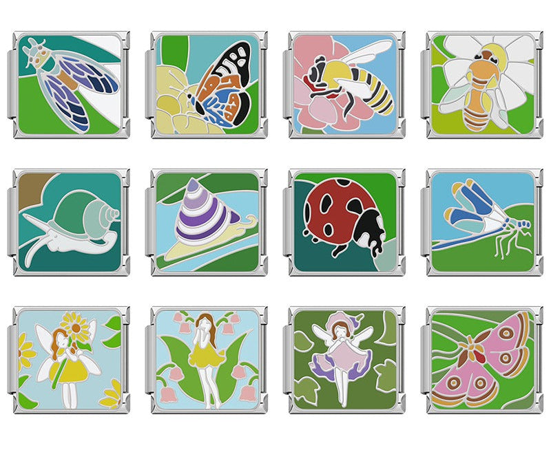 Cute Flower Fairy Dragonfly Cicada Snail Italian Charms – overview of 12 enamel charms: purple-winged cicada, orange and black butterfly on yellow flower, bee on pink flower, bee on white daisy, teal snail, purple striped snail shell, red and black ladybug, blue dragonfly, sunflower fairy girl, lily-of-the-valley fairy girl, purple flower fairy girl, and pink moth, Italian charm bracelet charms by Charmtastic