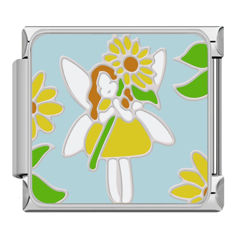 Cute Flower Fairy Dragonfly Cicada Snail Italian Charms – fairy girl in yellow dress with sunflowers and green leaves enamel charm, Italian charm bracelet charm by Charmtastic