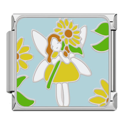 Cute Flower Fairy Dragonfly Cicada Snail Italian Charms – fairy girl in yellow dress with sunflowers and green leaves enamel charm, Italian charm bracelet charm by Charmtastic