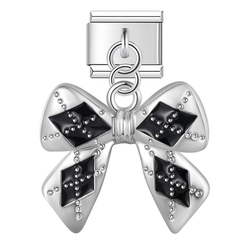 Flower Star Moon Black Themed – bow charm with black diamond pattern in silver, Italian charm bracelet charm by Charmtastic