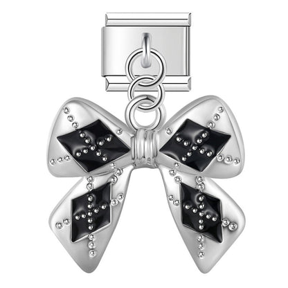 Flower Star Moon Black Themed – bow charm with black diamond pattern in silver, Italian charm bracelet charm by Charmtastic