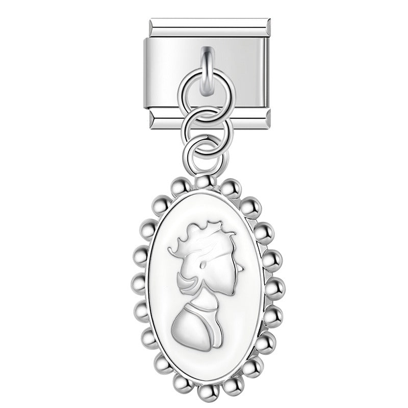 Flower Star Moon Black Themed – cameo portrait charm in white and silver, Italian charm bracelet charm by Charmtastic