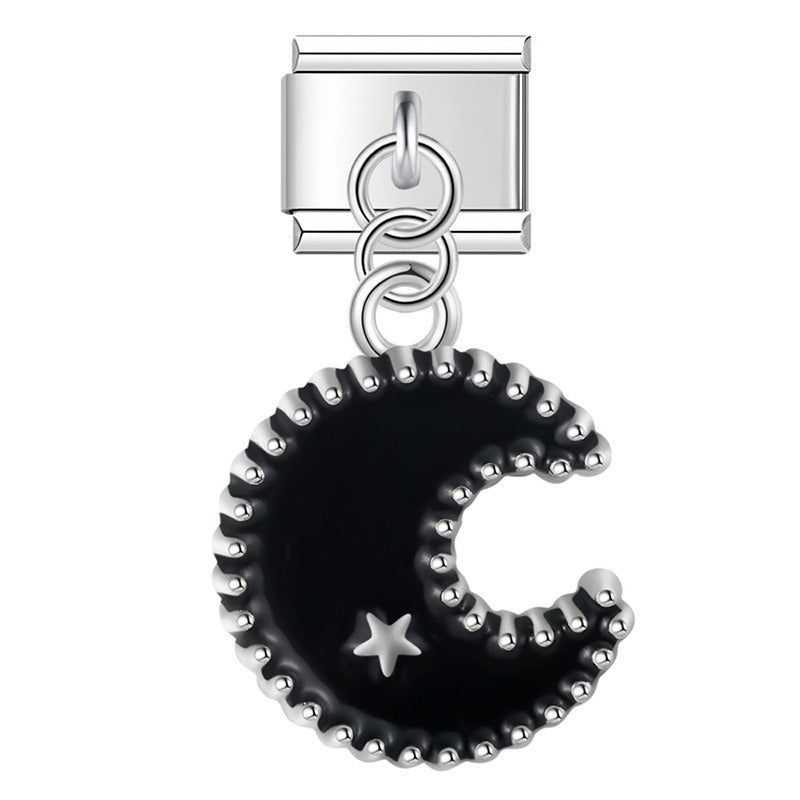 Flower Star Moon Black Themed – crescent moon charm in black and silver, Italian charm bracelet charm by Charmtastic