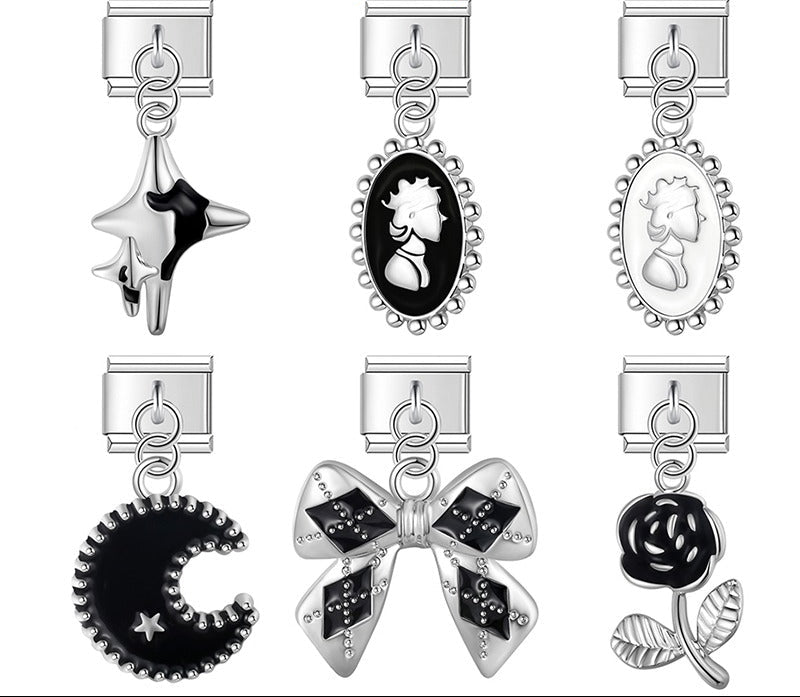 Flower Star Moon Black Themed – star, cameo, crescent moon, bow, and rose charms in black and silver, Italian charm bracelet charms by Charmtastic