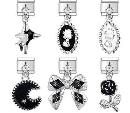 Flower Star Moon Black Themed – star, cameo, crescent moon, bow, and rose charms in black and silver, Italian charm bracelet charms by Charmtastic