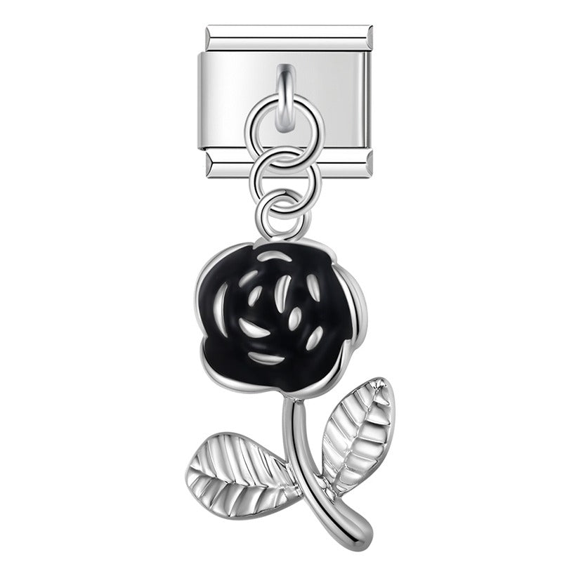 Flower Star Moon Black Themed – rose charm in black and silver, Italian charm bracelet charm by Charmtastic