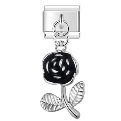 Flower Star Moon Black Themed – rose charm in black and silver, Italian charm bracelet charm by Charmtastic
