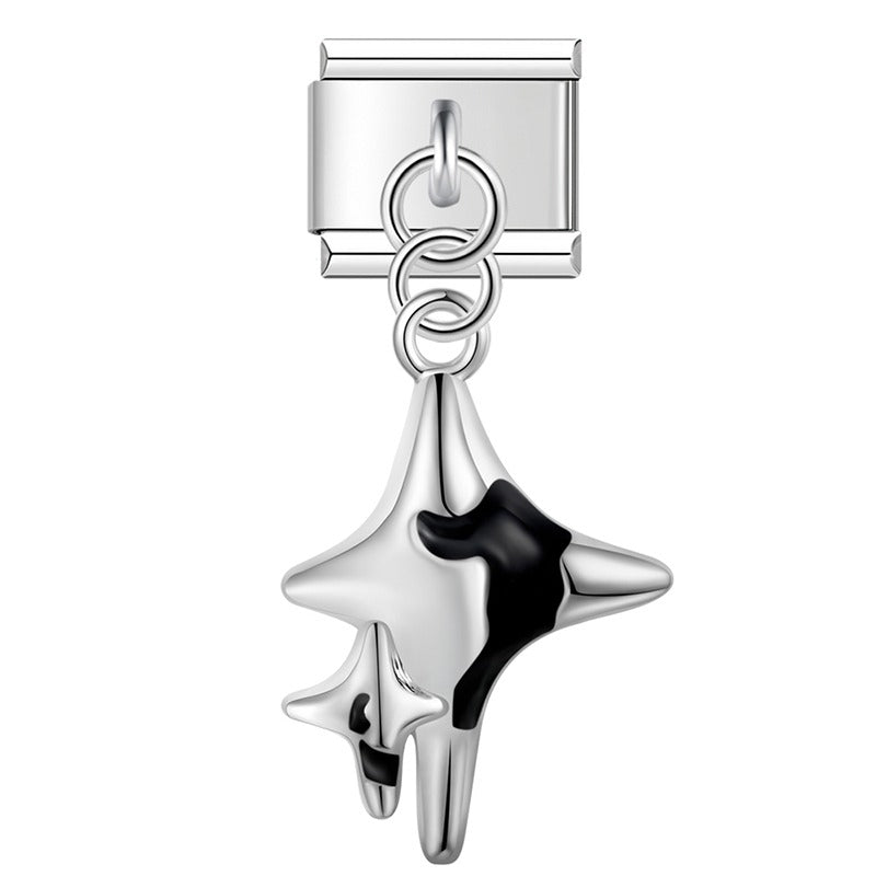 Flower Star Moon Black Themed – four-point star charm in black and silver, Italian charm bracelet charm by Charmtastic