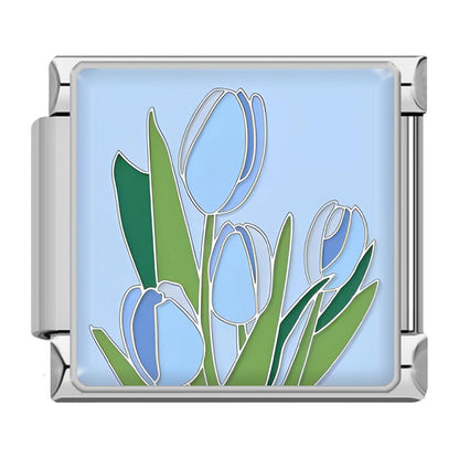 Flowers Elegant Spring Floral & Botanical Italian Charms – pale blue tulips with green leaves on light blue background enamel charm, Italian charm bracelet charm by Charmtastic