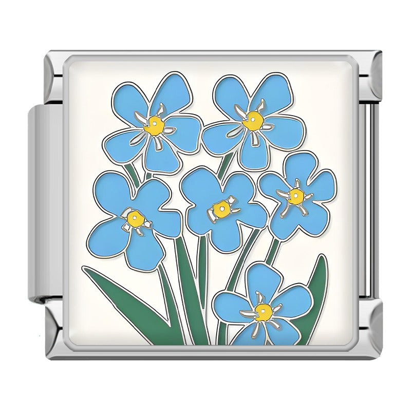 Flowers Elegant Spring Floral & Botanical Italian Charms – blue forget-me-not flowers with yellow centers on cream background enamel charm, Italian charm bracelet charm by Charmtastic