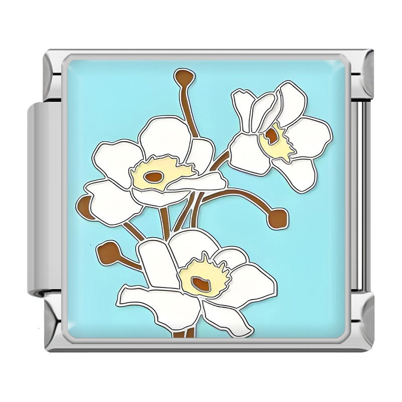 Flowers Elegant Spring Floral & Botanical Italian Charms – second view of white orchid cluster on turquoise background enamel charm, Italian charm bracelet charm by Charmtastic
