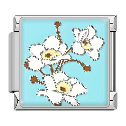 Flowers Elegant Spring Floral & Botanical Italian Charms – white orchid cluster on turquoise background enamel charm, Italian charm bracelet charm by Charmtastic