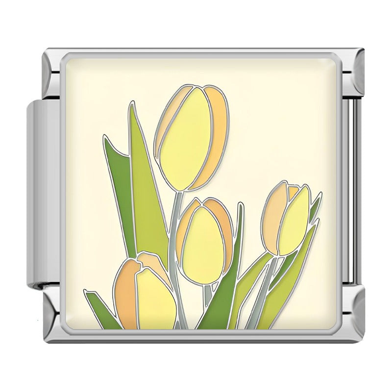 Flowers Elegant Spring Floral & Botanical Italian Charms – yellow and orange tulips on cream background enamel charm, Italian charm bracelet charm by Charmtastic