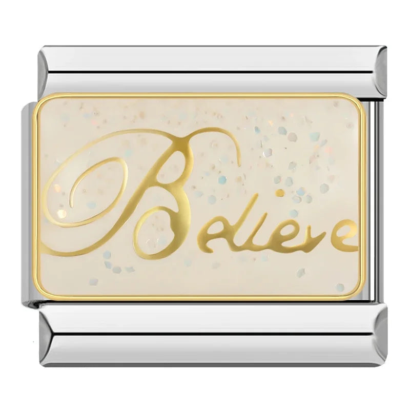 Forever Love Heart Go Girl Charms – Believe cursive text in gold on cream glitter background enamel charm, Italian charm bracelet charm by Charmtastic