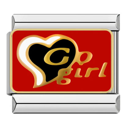 Forever Love Heart Go Girl Charms – Go Girl text over a black and white heart on red background enamel charm, Italian charm bracelet charm by Charmtastic