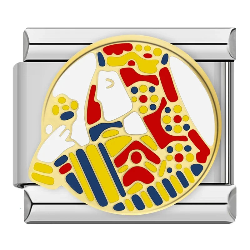 Forever Love Heart Go Girl Charms – round jester or harlequin mask design in red, yellow, blue and white enamel charm, Italian charm bracelet charm by Charmtastic