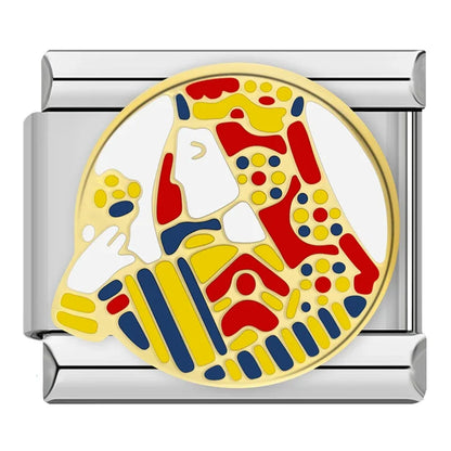 Forever Love Heart Go Girl Charms – round jester or harlequin mask design in red, yellow, blue and white enamel charm, Italian charm bracelet charm by Charmtastic