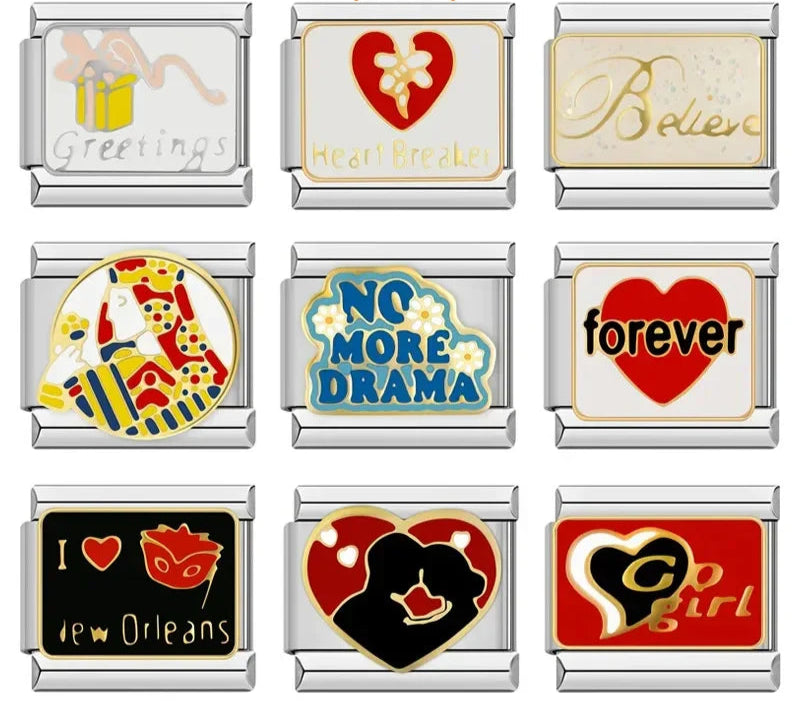 Forever Love Heart Go Girl Charms – overview of 9 word charms: Greetings with gift box, Heart Breaker, Believe, jester mask design, No More Drama, forever heart, I Love New Orleans mask, heart face silhouette, and Go Girl heart, Italian charm bracelet charms by Charmtastic
