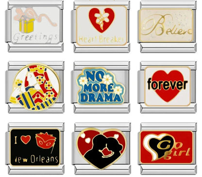 Forever Love Heart Go Girl Charms – overview of 9 word charms: Greetings with gift box, Heart Breaker, Believe, jester mask design, No More Drama, forever heart, I Love New Orleans mask, heart face silhouette, and Go Girl heart, Italian charm bracelet charms by Charmtastic