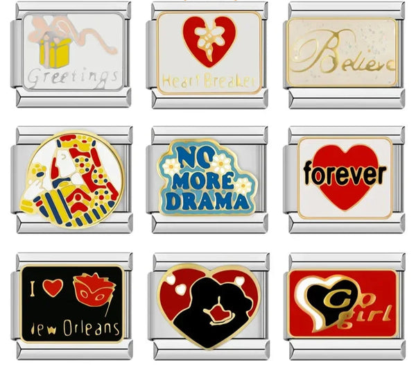 Forever Love Heart Go Girl Charms – overview of 9 word charms: Greetings with gift box, Heart Breaker, Believe, jester mask design, No More Drama, forever heart, I Love New Orleans mask, heart face silhouette, and Go Girl heart, Italian charm bracelet charms by Charmtastic
