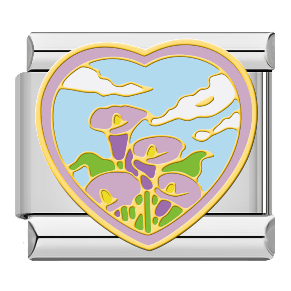 Garden Hearts & Sweet Expressions Charms – heart-shaped enamel charm with purple calla lily flowers scene, Italian charm bracelet charm by Charmtastic