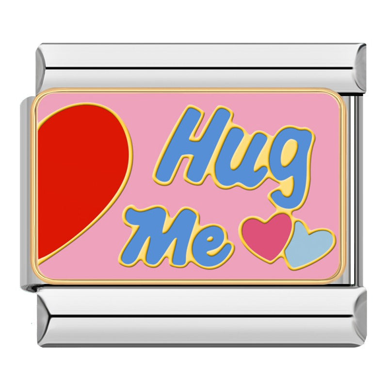 Garden Hearts & Sweet Expressions Charms – Hug Me word enamel charm with red heart and small hearts on pink background, Italian charm bracelet charm by Charmtastic