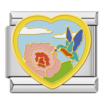 Garden Hearts & Sweet Expressions Charms – second view of heart-shaped enamel charm with hummingbird and pink rose scene, Italian charm bracelet charm by Charmtastic