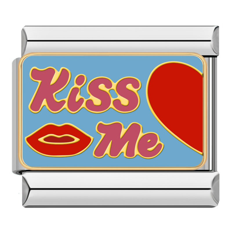 Garden Hearts & Sweet Expressions Charms – Kiss Me word enamel charm with red lips and heart on blue background, Italian charm bracelet charm by Charmtastic