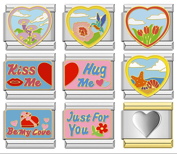 Garden Hearts & Sweet Expressions Charms – overview of 9 heart-shaped enamel charms: calla lily heart, hummingbird and rose heart, tulip heart, Kiss Me, Hug Me, starfish and shell beach heart, Be My Cove gift box, Just For You flower, and plain silver heart, Italian charm bracelet charms by Charmtastic