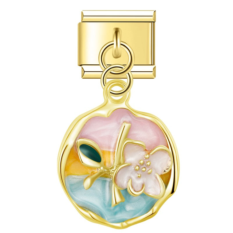 Gold enamel plaque dangle with cherry blossom — Italian charm, by Charmtastic