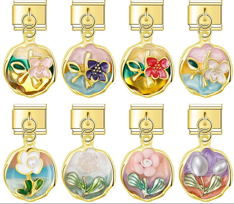 Gold enamel garden flower plaque dangle Italian charms collection, by Charmtastic