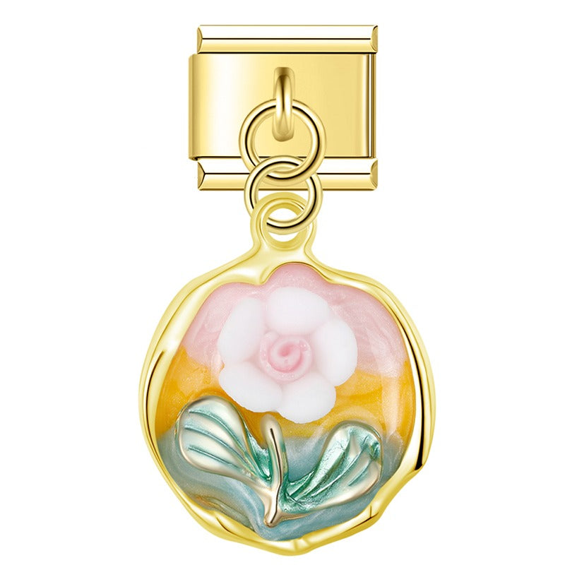 Gold enamel plaque dangle with pink rose on blue — Italian charm, by Charmtastic