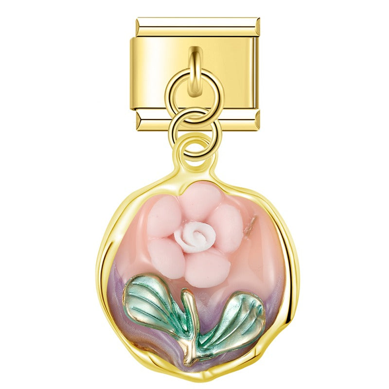 Gold enamel plaque dangle with pink rose — Italian charm, by Charmtastic