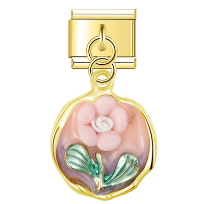 Gold enamel plaque dangle with pink rose — Italian charm, by Charmtastic