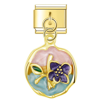 Gold enamel plaque dangle with purple orchid — Italian charm, by Charmtastic