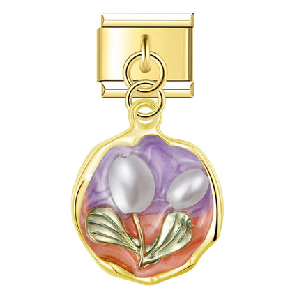 Gold enamel plaque dangle with purple tulips — Italian charm, by Charmtastic