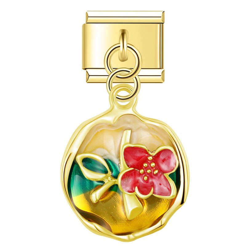 Gold enamel plaque dangle with red flower — Italian charm, by Charmtastic