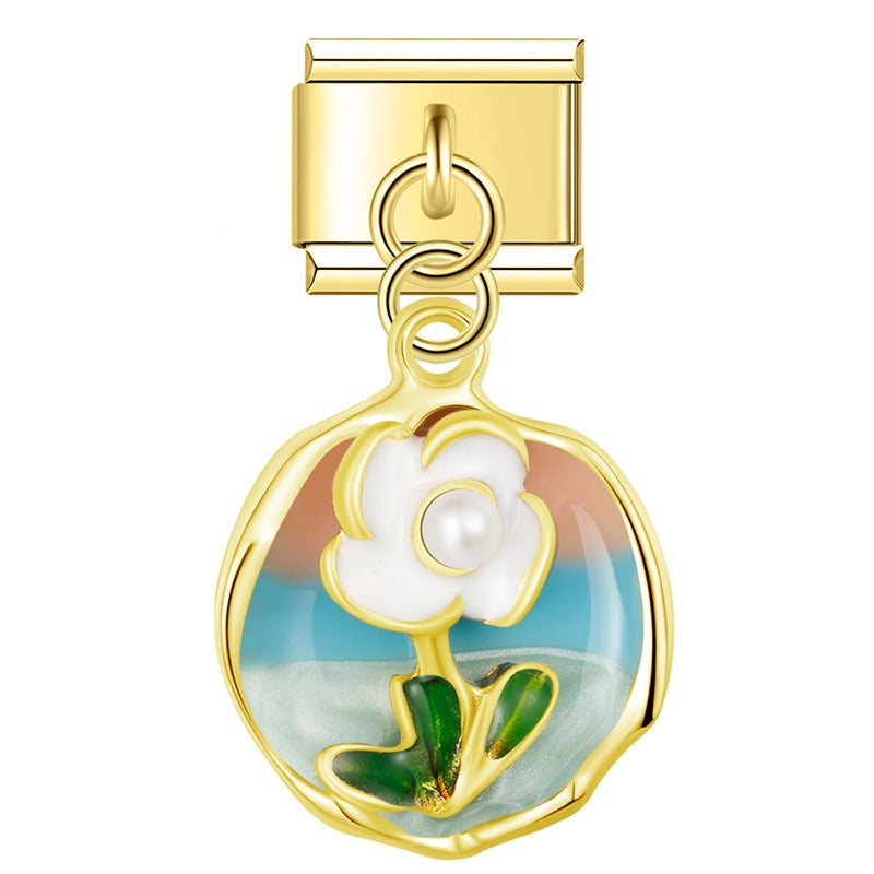 Enamel garden flower plaque dangle Italian charm — 9mm bracelet, by Charmtastic