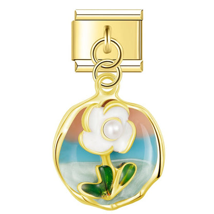 Enamel garden flower plaque dangle Italian charm — 9mm bracelet, by Charmtastic