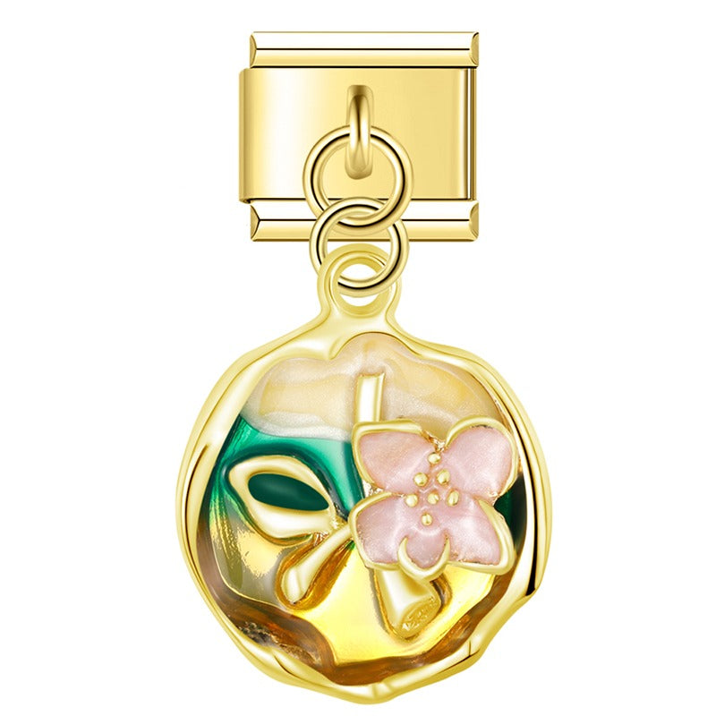 Gold enamel plaque dangle with white lily — Italian charm, by Charmtastic