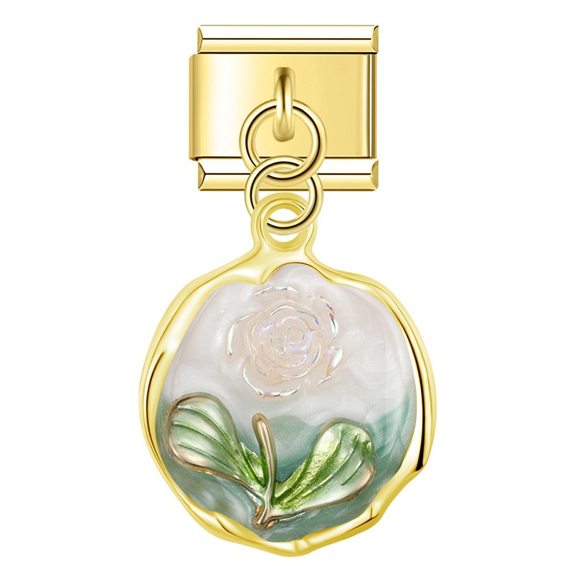 Gold enamel plaque dangle with white rose on cream — Italian charm, by Charmtastic