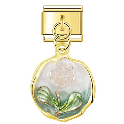 Gold enamel plaque dangle with white rose on cream — Italian charm, by Charmtastic