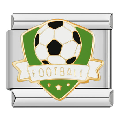 German Heritage & Soccer Italian Charms – soccer ball on green shield with FOOTBALL banner enamel charm, Italian charm bracelet charm by Charmtastic