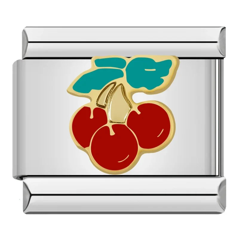 Glaze Charms: Flower, Star, Snowflake & Cherry – red cherries with teal leaf enamel charm, Italian charm bracelet charm by Charmtastic