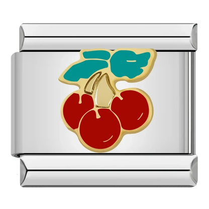 Glaze Charms: Flower, Star, Snowflake & Cherry – red cherries with teal leaf enamel charm, Italian charm bracelet charm by Charmtastic