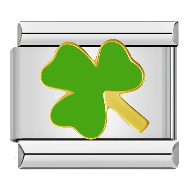 Glaze Charms: Flower, Star, Snowflake & Cherry – green four-leaf clover enamel charm, Italian charm bracelet charm by Charmtastic
